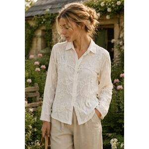 Sapphire Collection White Cotton Floral Embroidered Button Down Shirt Womens M
